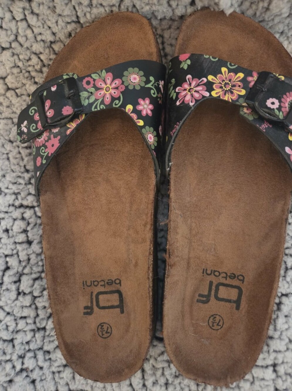 Betani Floral Black Slide Sandals with Pink and Green Accents